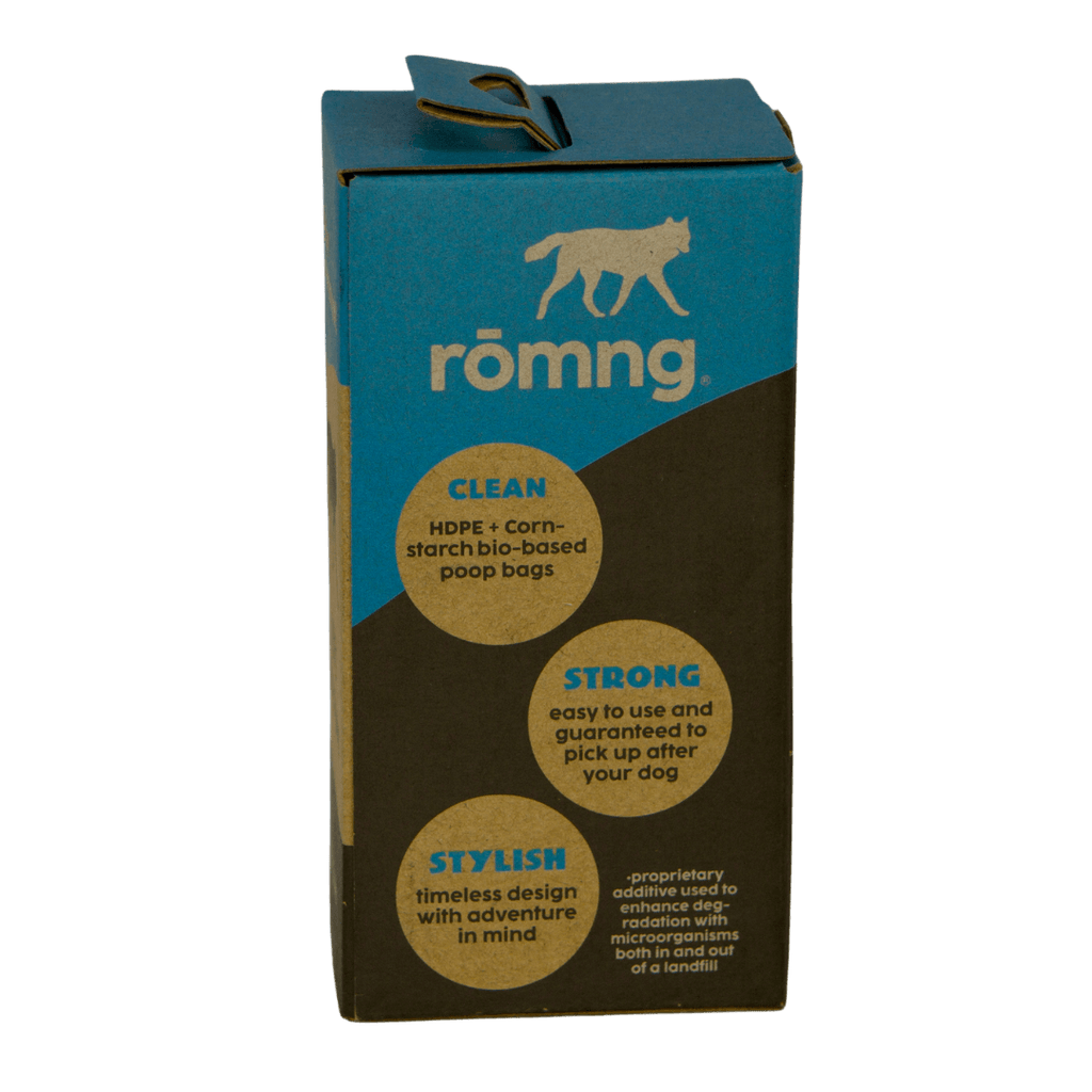 rōmng bio-based dog poop bags product packaging