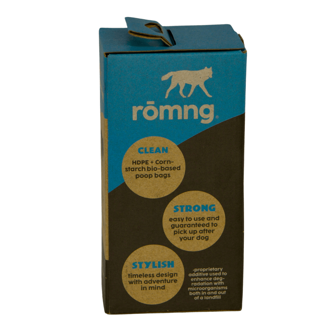 rōmng bio-based dog poop bags product packaging