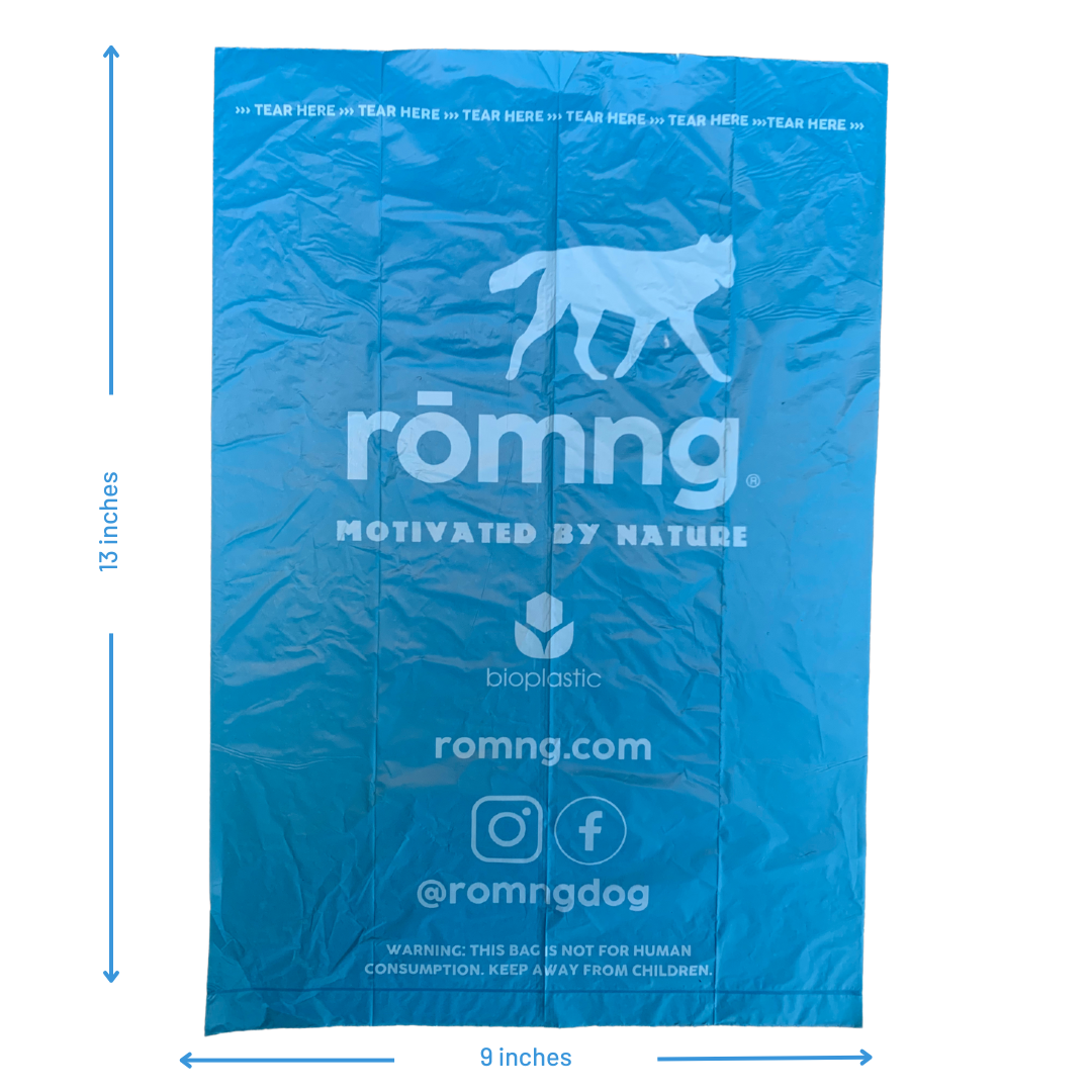 rōmng bio-based dog poop bags laid flat